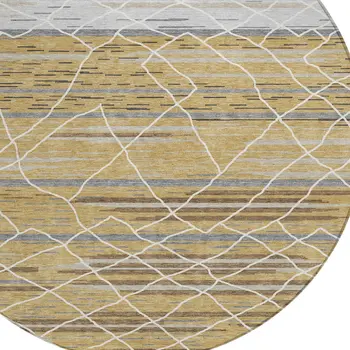 8' Gold Gray And Ivory Round Striped Washable Indoor Outdoor Area Rug