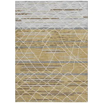 8' X 10' Gold Gray And Ivory Striped Washable Indoor Outdoor Area Rug