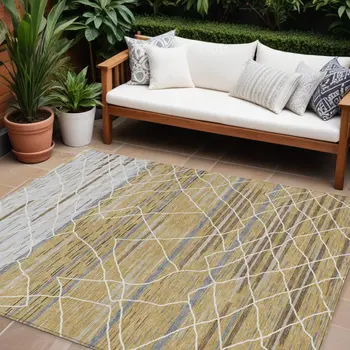 8' X 10' Gold Gray And Ivory Striped Washable Indoor Outdoor Area Rug