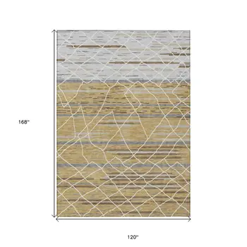 10' X 14' Gold Gray And Ivory Striped Washable Indoor Outdoor Area Rug