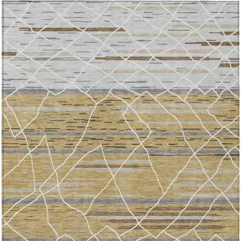 10' X 14' Gold Gray And Ivory Striped Washable Indoor Outdoor Area Rug