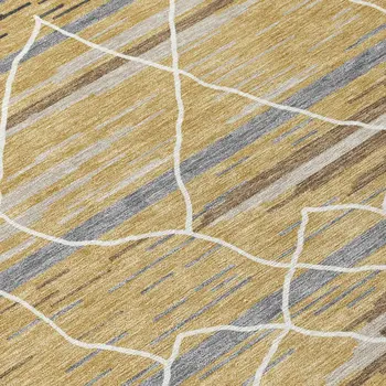 10' X 14' Gold Gray And Ivory Striped Washable Indoor Outdoor Area Rug