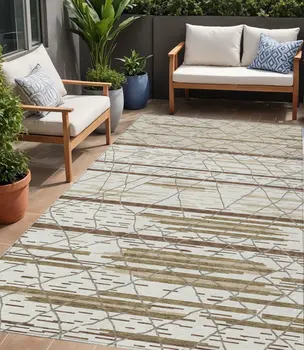 5' X 8' Ivory Brown And Beige Striped Washable Indoor Outdoor Area Rug