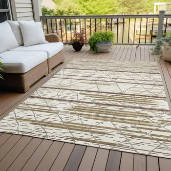5' X 8' Ivory Brown And Beige Striped Washable Indoor Outdoor Area Rug