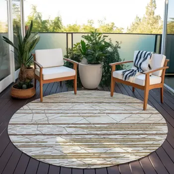 8' Ivory Brown And Beige Round Striped Washable Indoor Outdoor Area Rug