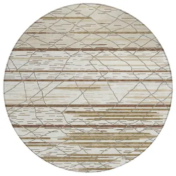 8' Ivory Brown And Beige Round Striped Washable Indoor Outdoor Area Rug