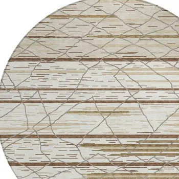 8' Ivory Brown And Beige Round Striped Washable Indoor Outdoor Area Rug