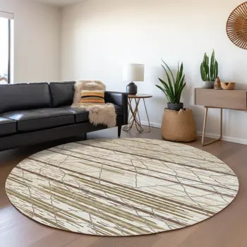 8' Ivory Brown And Beige Round Striped Washable Indoor Outdoor Area Rug