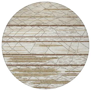 8' Ivory Brown And Beige Round Striped Washable Indoor Outdoor Area Rug