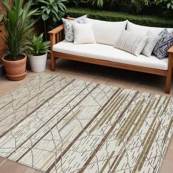 8' X 10' Ivory Brown And Beige Striped Washable Indoor Outdoor Area Rug