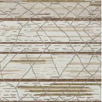 9' X 12' Ivory Brown And Beige Striped Washable Indoor Outdoor Area Rug