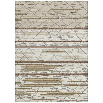 10' X 14' Ivory Brown And Beige Striped Washable Indoor Outdoor Area Rug