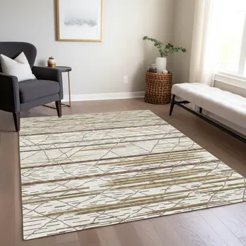 10' X 14' Ivory Brown And Beige Striped Washable Indoor Outdoor Area Rug