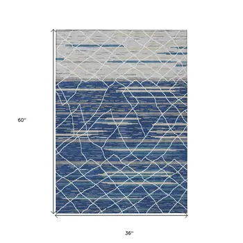 3' X 5' Navy Blue Gray And Ivory Striped Washable Indoor Outdoor Area Rug