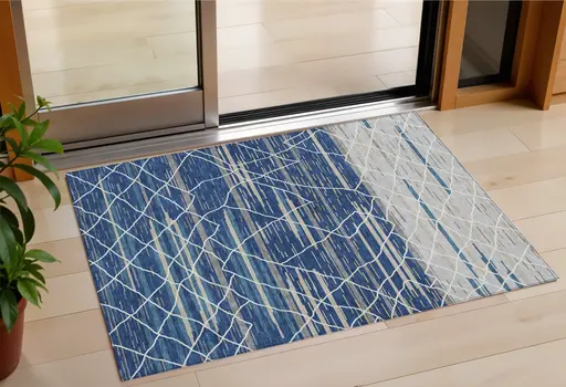 3' X 5' Navy Blue Gray And Ivory Striped Washable Indoor Outdoor Area Rug