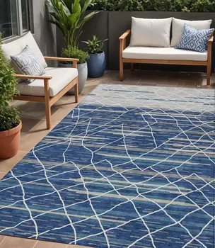 5' X 8' Navy Blue Gray And Ivory Striped Washable Indoor Outdoor Area Rug