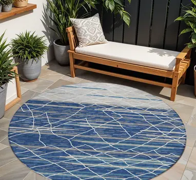 8' Navy Blue Gray And Ivory Round Striped Washable Indoor Outdoor Area Rug