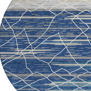 8' Navy Blue Gray And Ivory Round Striped Washable Indoor Outdoor Area Rug