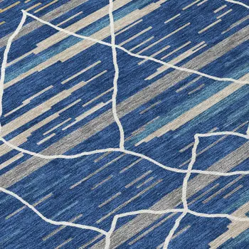 8' Navy Blue Gray And Ivory Round Striped Washable Indoor Outdoor Area Rug
