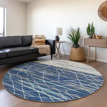 8' Navy Blue Gray And Ivory Round Striped Washable Indoor Outdoor Area Rug