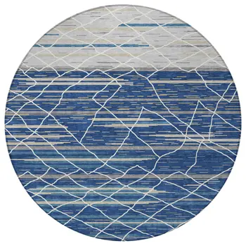 8' Navy Blue Gray And Ivory Round Striped Washable Indoor Outdoor Area Rug
