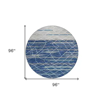 8' Navy Blue Gray And Ivory Round Striped Washable Indoor Outdoor Area Rug