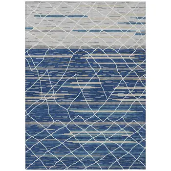 8' X 10' Navy Blue Gray And Ivory Striped Washable Indoor Outdoor Area Rug