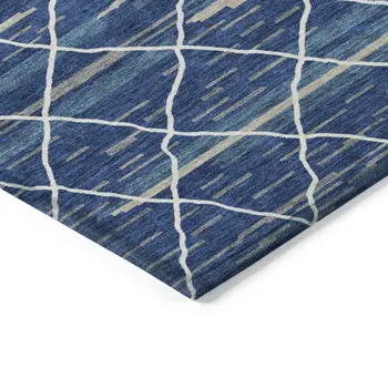 8' X 10' Navy Blue Gray And Ivory Striped Washable Indoor Outdoor Area Rug