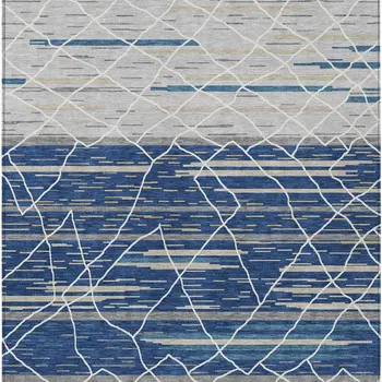 8' X 10' Navy Blue Gray And Ivory Striped Washable Indoor Outdoor Area Rug