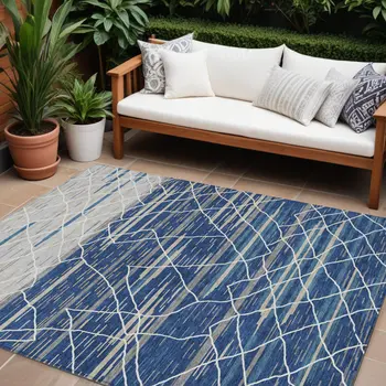 9' X 12' Navy Blue Gray And Ivory Striped Washable Indoor Outdoor Area Rug