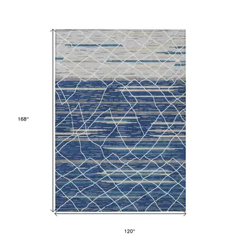 10' X 14' Navy Blue Gray And Ivory Striped Washable Indoor Outdoor Area Rug