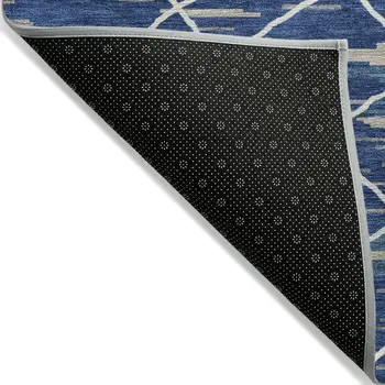 10' X 14' Navy Blue Gray And Ivory Striped Washable Indoor Outdoor Area Rug