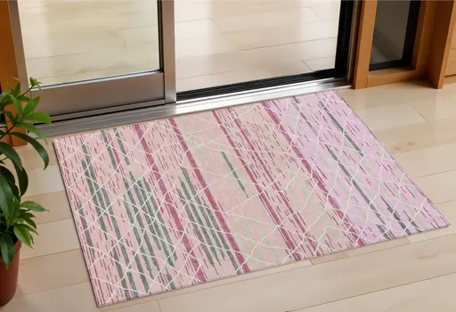 3' X 5' Pink Gray And Ivory Striped Washable Indoor Outdoor Area Rug