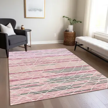 5' X 8' Pink Gray And Ivory Striped Washable Indoor Outdoor Area Rug