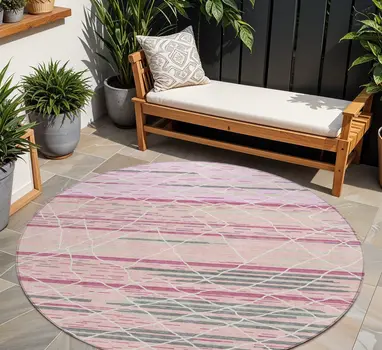 8' Pink Gray And Ivory Round Striped Washable Indoor Outdoor Area Rug