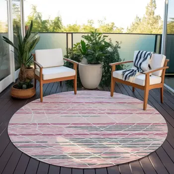 8' Pink Gray And Ivory Round Striped Washable Indoor Outdoor Area Rug