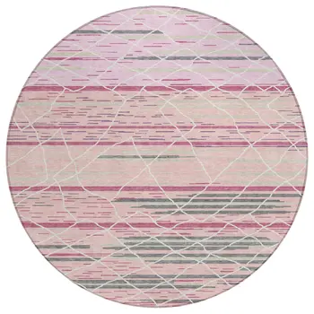 8' Pink Gray And Ivory Round Striped Washable Indoor Outdoor Area Rug