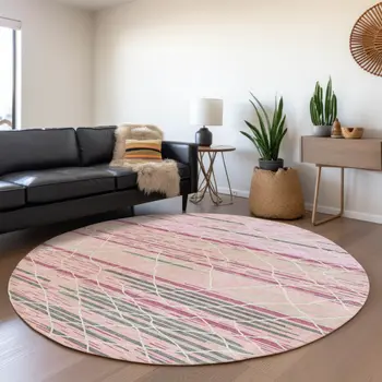 8' Pink Gray And Ivory Round Striped Washable Indoor Outdoor Area Rug