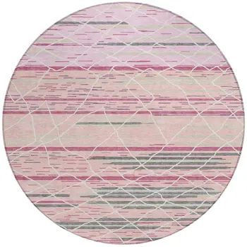 8' Pink Gray And Ivory Round Striped Washable Indoor Outdoor Area Rug