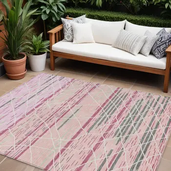 10' X 14' Pink Gray And Ivory Striped Washable Indoor Outdoor Area Rug