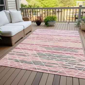 10' X 14' Pink Gray And Ivory Striped Washable Indoor Outdoor Area Rug