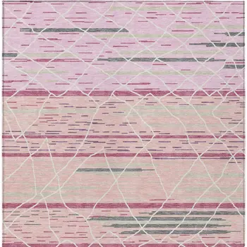 10' X 14' Pink Gray And Ivory Striped Washable Indoor Outdoor Area Rug