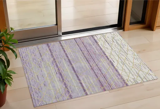 3' X 5' Purple Brown And Beige Striped Washable Indoor Outdoor Area Rug
