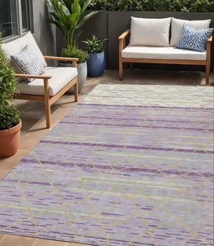5' X 8' Purple Brown And Beige Striped Washable Indoor Outdoor Area Rug