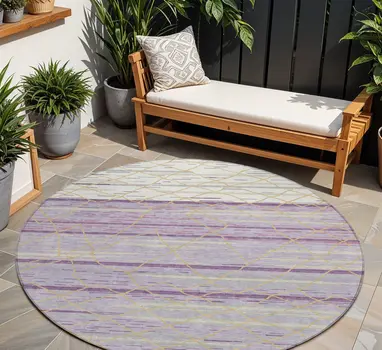 8' Purple Brown And Beige Round Striped Washable Indoor Outdoor Area Rug