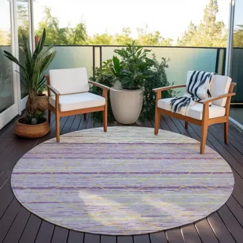 8' Purple Brown And Beige Round Striped Washable Indoor Outdoor Area Rug