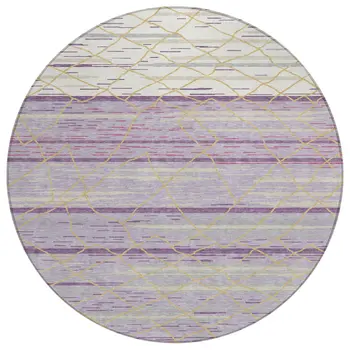 8' Purple Brown And Beige Round Striped Washable Indoor Outdoor Area Rug