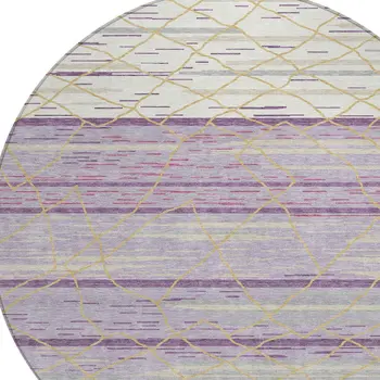 8' Purple Brown And Beige Round Striped Washable Indoor Outdoor Area Rug
