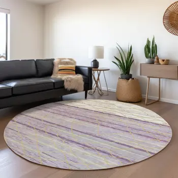 8' Purple Brown And Beige Round Striped Washable Indoor Outdoor Area Rug