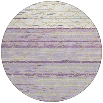 8' Purple Brown And Beige Round Striped Washable Indoor Outdoor Area Rug